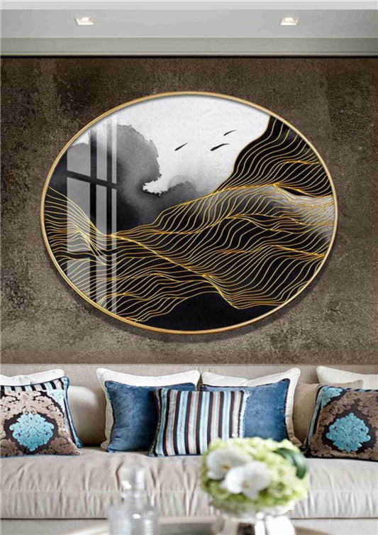 Golden Wave Horizon Wall Art | Contemporary Circular Canvas