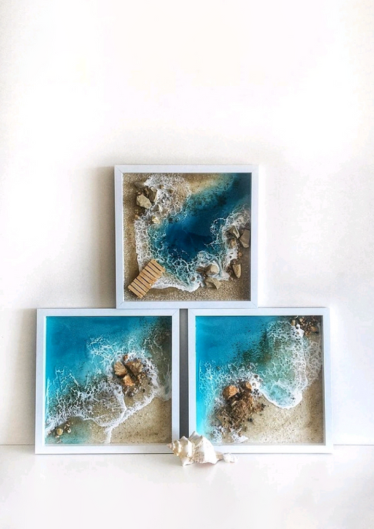 Large ocean theme aesthetic epoxy resin painting, 3D moss wall art, Handmade pack of 3 Size 12*12